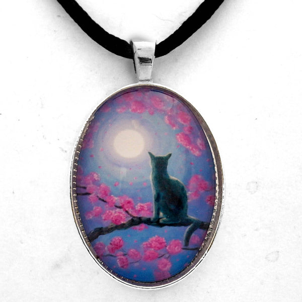 Russian Blue Cat in Pink Flowers Handmade Pendant Laura Milnor Iverson Official Site