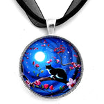 Tuxedo Cat in Japanese Magnolia Moon Moonlight Handmade Art Pendant Necklace