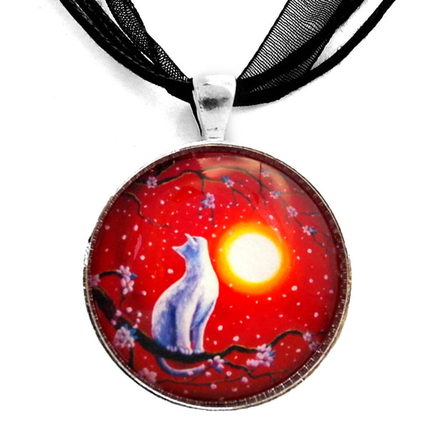 White Cat Necklace Red Sunset Cherry Blossoms Handmade Pendant  Laura Milnor Iverson Official Site