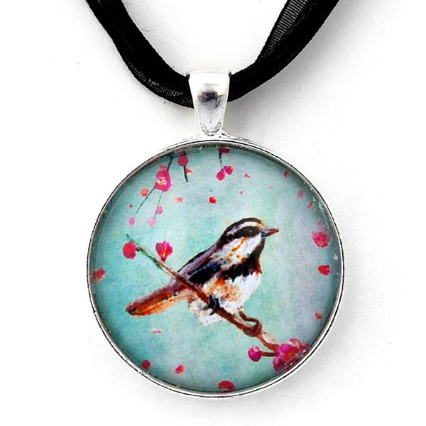 Chickadee in Sakura Handmade Pendant - Laura Milnor Iverson Official Site
