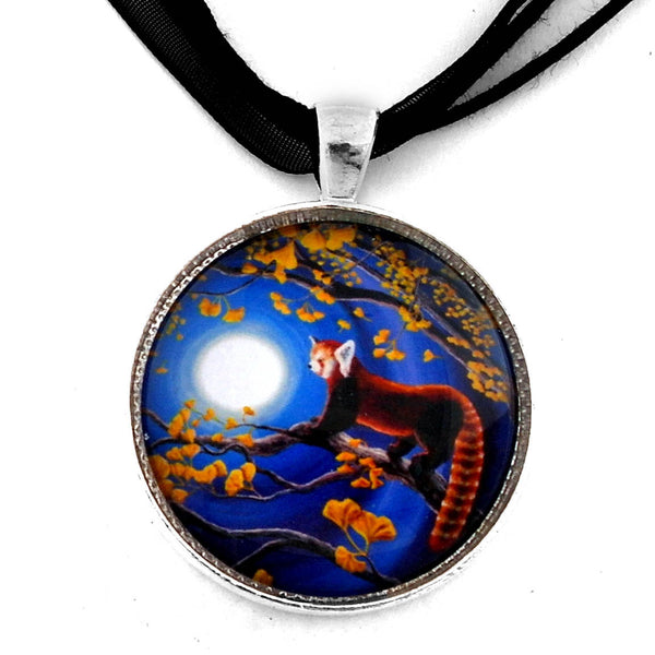 Red Panda in Golden Ginkgo Tree Handmade Pendant Laura Milnor Iverson Official Site
