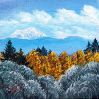 Autumn Landscape with Snowy Mountain Original Mini Painting on Easel Tabletop