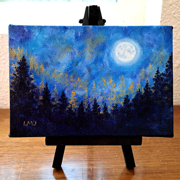 Full Moon Over a Pine Forest Original Mini Painting on Easel