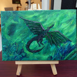 Green Dragon in Crystal Cave Original Mini Painting on Easel