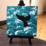 Whale Tail in Teal Waves Original Mini Painting on Easel Laura Milnor Iverson Official Site