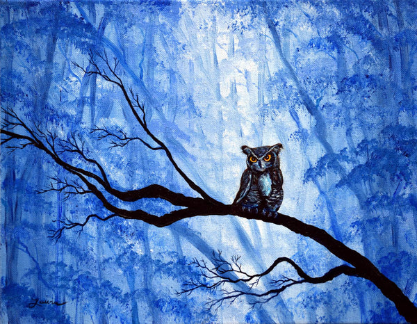 Horned Owl in Deep Blue Woods 11x14 Original Painting on Canvas Laura Milnor Iverson