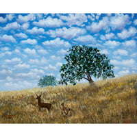 Doe and Fawn under White Fluffy Clouds Original Painting California Oak Tree Landscape