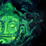 Green Heart Space Buddha Face Original Pour Painting Spiritual Art Buddhist