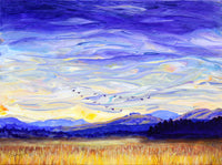 Geese Over Purple Mountains and Golden Wetlands Original Painting Laura Milnor Iverson Oregon Purple Landscape