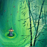 Shinto Lantern in Green Bamboo Original Painting Zen Dragonflies