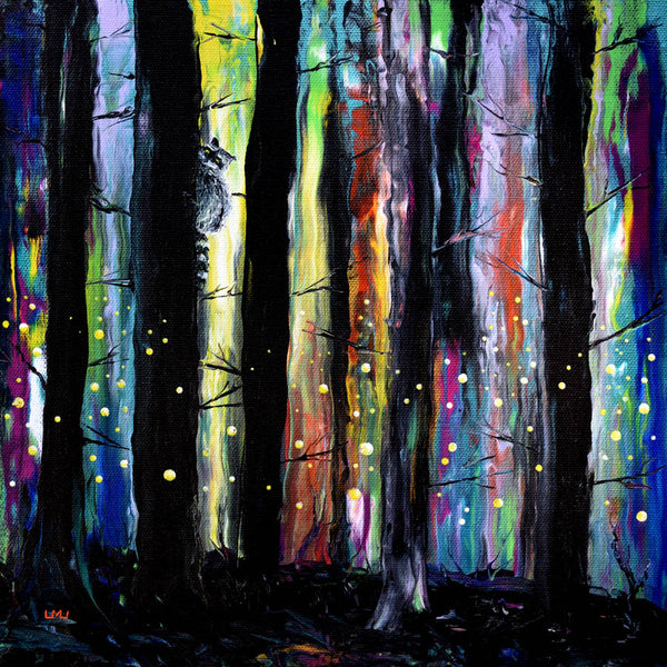 Raccoon and Fireflies Original Painting Woodland Pour Landscape