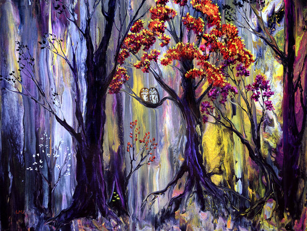 Tawny Owls and Bright Eyes Original Painting Spooky Trees Landscape