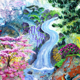 Koi Beneath a Waterfall Japanese Garden Original Painting on Canvas Oregon Artist