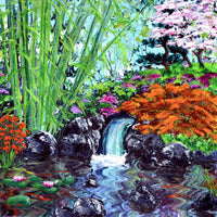 Green Bamboo by a Waterfall Original Painting Zen Japanese Garden Landscape