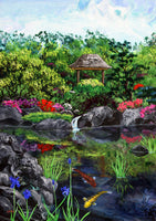 Pagoda and Irises Original Painting Japanese Garden Landscape Laura Milnor Iverson
