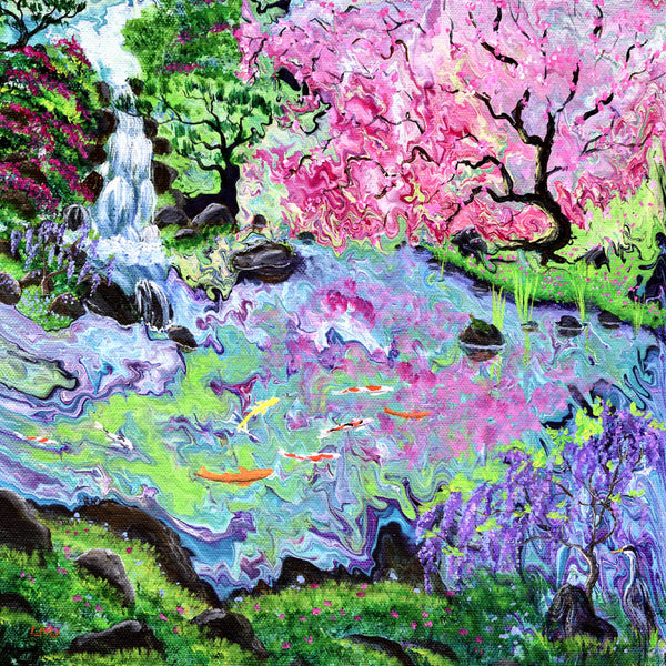 Pink Tree and Waterfall Original Painting Japanese Garden Koi Pond