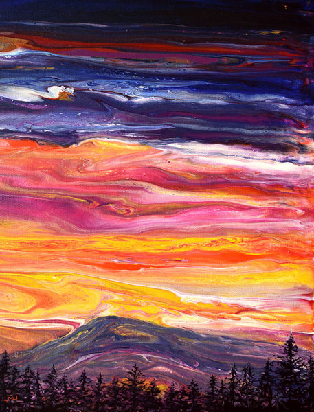 Sunset over Mary's Peak Original Pour Painting Corvallis Oregon Landscape