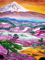 Shibazakura at Sunset Japanese Mt Fuji Landscape Japan Flower Festival Original Painting