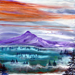 Misty Sunset over Mt Hood Original Pour Painting Oregon Landscape by Local Artist Laura Milnor Iverson