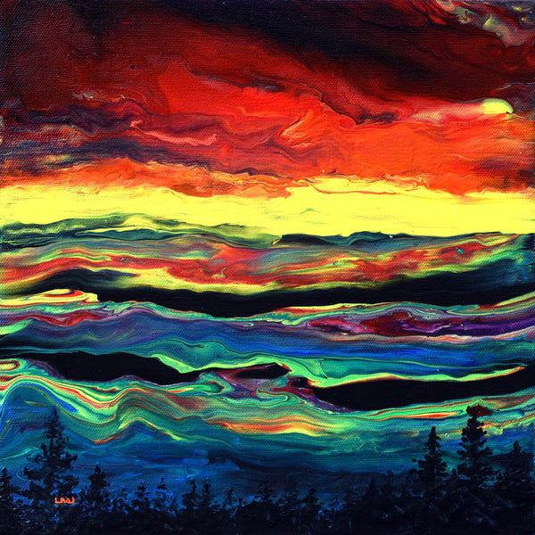 Sunset Over the Mountains Abstract Original Pour Painting Pacific Northwest Landscape