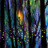 Owl in a Deep Dark Forest Original Painting Fireflies Landscape