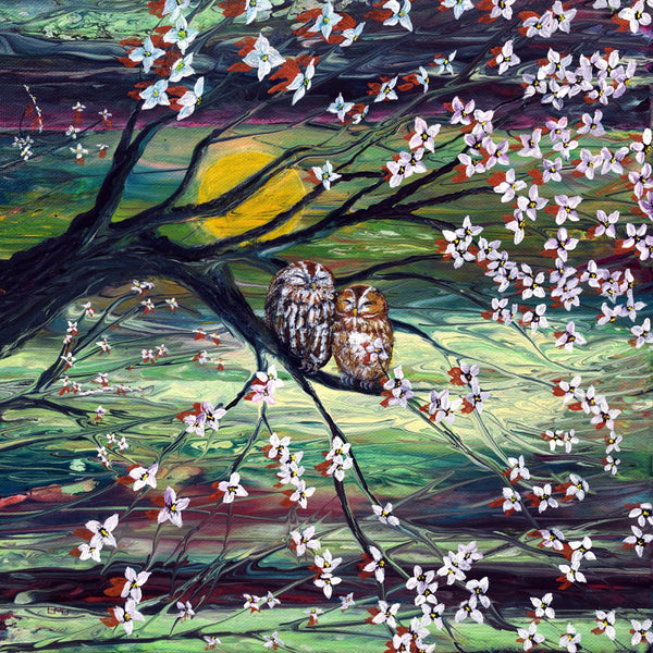 Sleepy Owls in Dogwood Blossoms Original Painting