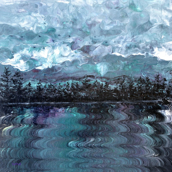Pacific Northwest Lake in Shades of Green and Fuchsia Original Pour Painting