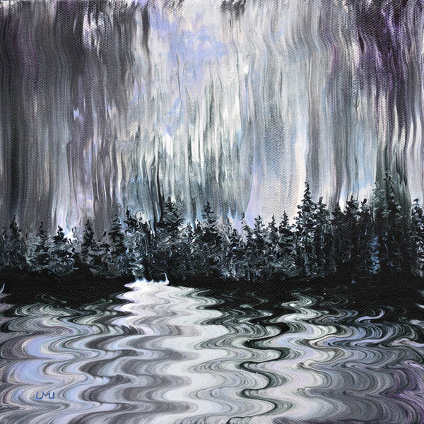 Shakes of Grey Rain Storm Over a Lake Original Painting Pacific Northwest Pour Landscape