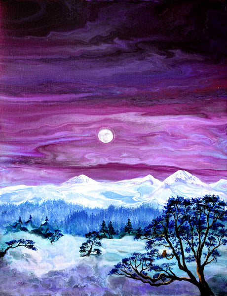 Moonrise Over the Three Sisters Original Painting Laura Milnor Iverson Oregon Mountains Landscpae