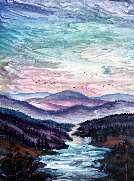 Geese Over a River Gorge Original Painting Laura Milnor Iverson Oregon Pacific Northwest Landscape