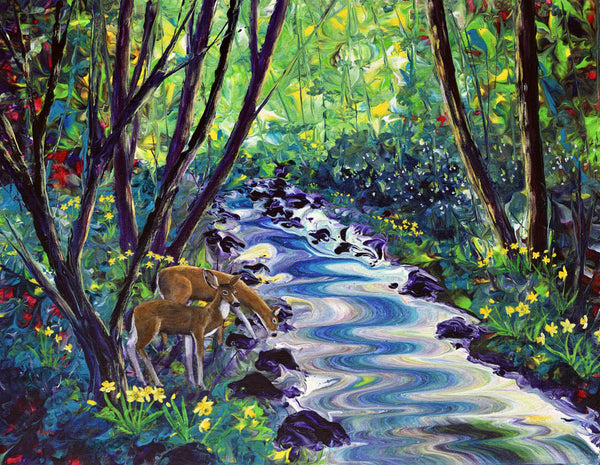 Spring in an Oregon Woodland Original Painting Deer and Daffodils Landscape