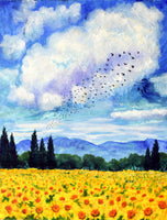 Murmuration over a Field of Sunflowers Original Painting Laura Milnor Iverson