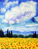 Murmuration over a Field of Sunflowers Original Painting Laura Milnor Iverson