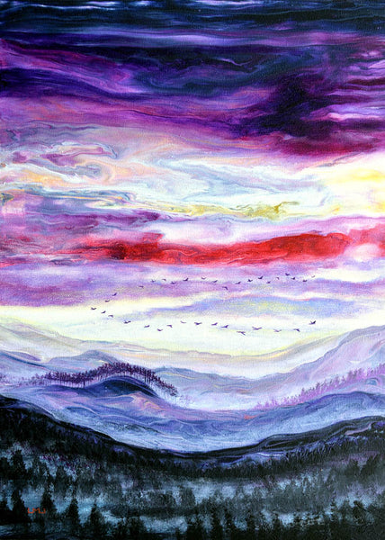 Sunset Layers of Clouds and Mist Original Painting Laura Milnor Iverson Geese Flying over a Mountain Vista Oregon Landscape