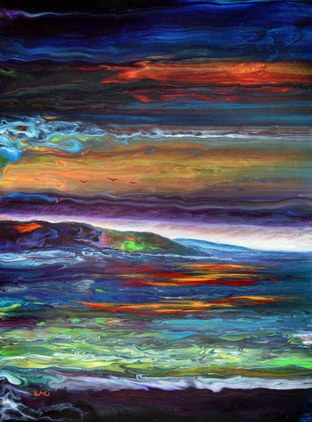The Last Light Over a Rainbow Sea Original Pour Painting Seascape Ocean PNW Oregon