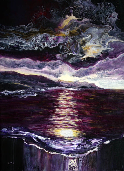 The Sun Setting over a Wine Red Sea Original Painting Ocean Seascape Laura Milnor Iverson