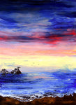 Distant Sea Stacks Sunset Ocean Seascape Original Pour Painting Oregon Pacific Northwest