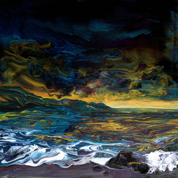 Golden Twilight over the Stormy Sea Original Pour Painting Seascape