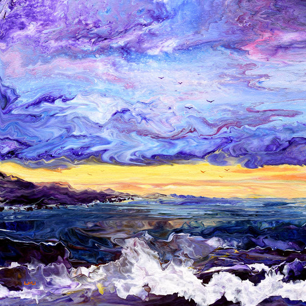 Shore at Purple Twilight Original Pour Painting Abstract Seascape