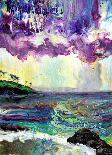 Seagulls in Sunset Rain Storm Pacific Ocean Seascape Original Painting
