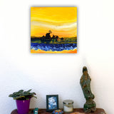 Siletz Bay Sunset in Golden Yellow and Blue Original Painting Laura Milnor Iverson