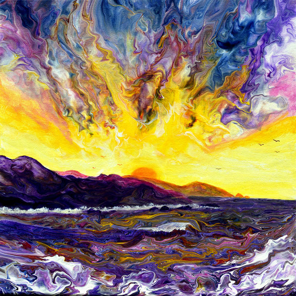 Sun Setting Over the Pacific Oregon Coast Sunset Seascape Original Pour Painting