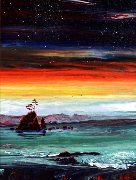 Lone Tree on a Sea Stack at Twilight Oregon Pacific Northwest Seascape Original Pour Painting on Canvas