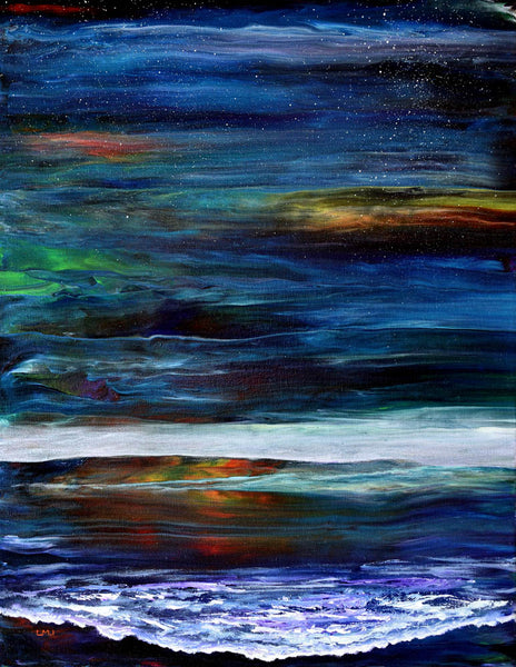 Glimmers of Rainbow Light Ocean Pour Painting Colorful PNW Night Seascape 