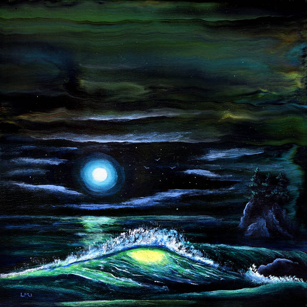 Pacific Northwest Nighttime Wave Original Painting Moody Seascape