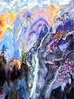 On the Way to the Temple Original Painting Laura Milnor Iverson Zen Buddhist Waterfall Landscape
