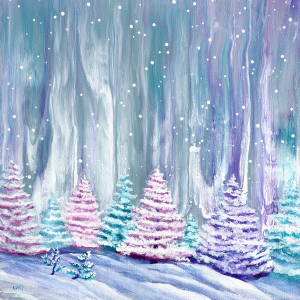 Pine Trees in Quiet Snowfall Original Painting on Canvas Winter Landscape