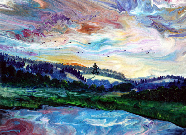 Sunset Over a Distant Tree Original Painting Laura Milnor Iverson William L Finley Oregon Wetlands Landscape