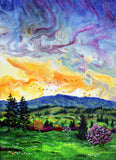 Geese Over a Springtime Vista at Sunset Original Painting Laura Milnor Iverson Oregon Mountains Rhododendron Landscape