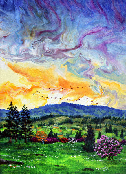 Mountain Artwork, Original Acrylic Painting, Pastel Color Sky